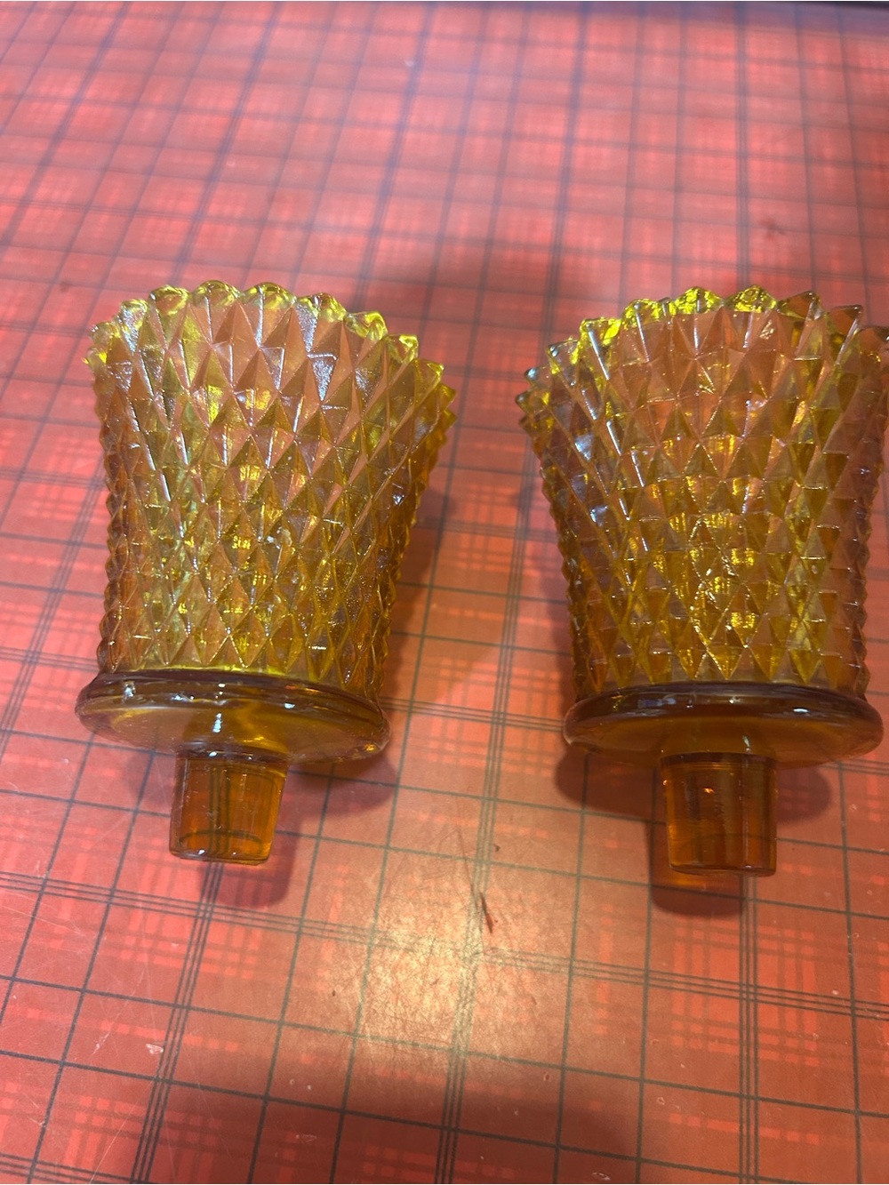 Vintage HOMCO AMBER GLASS DIAMOND CUT SAWTOOTH EDGE VOTIVE HOLDERS